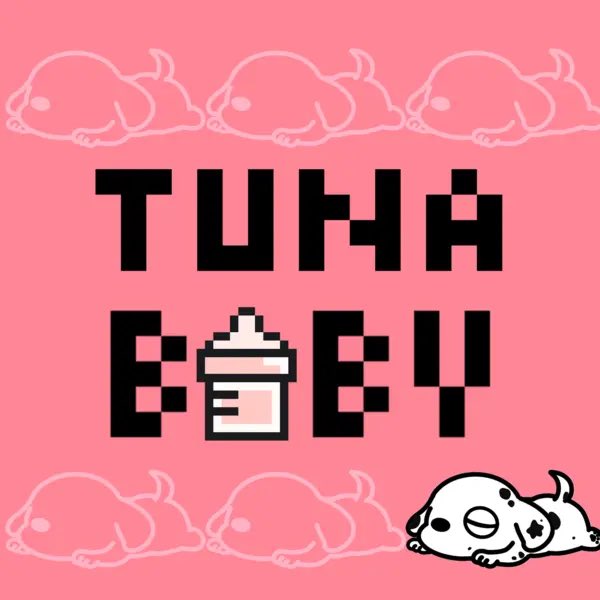 A pink graphic features the text 'TUHA BABY' with a baby bottle replacing one letter, outlined pink seals, and a black-and-white spotted puppy illustration.