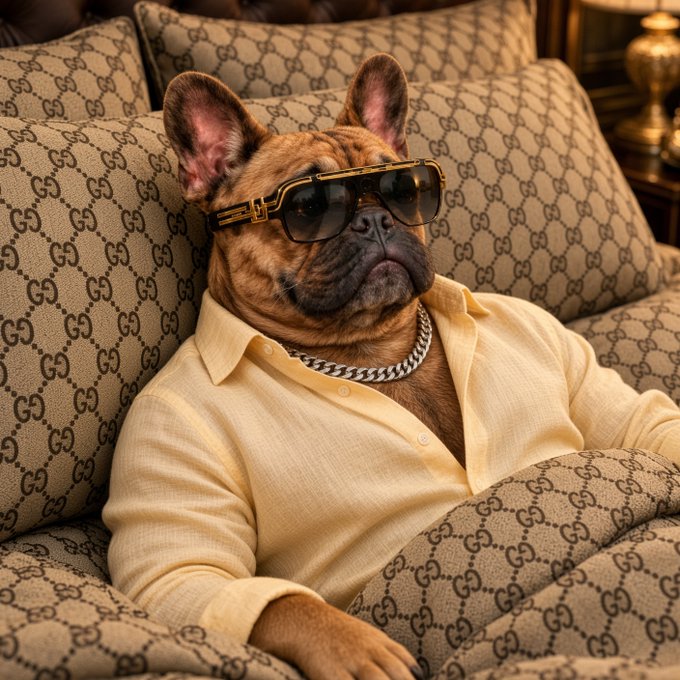 A French bulldog wearing sunglasses, a gold chain, and a yellow shirt, lying in a bed covered with a Gucci monogram blanket.