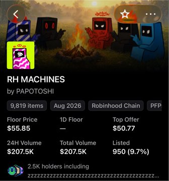 A mobile screenshot of an NFT collection page titled 'RH MACHINES by PAPOTOSHI' showing a floor price of $55.85, 9,819 items, and 2.5K holders.
