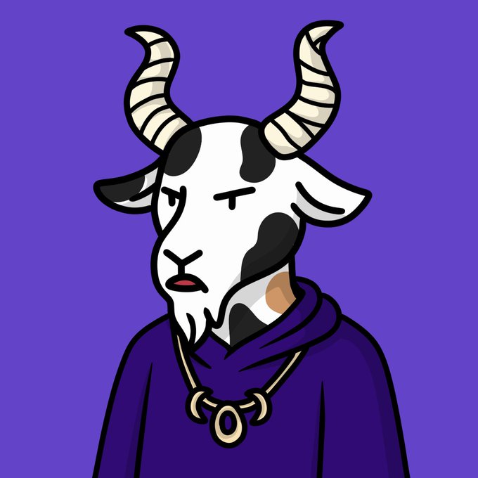A cartoon illustration of a goat with curved horns wearing a dark purple hooded cloak and a gold necklace, set against a solid purple background.