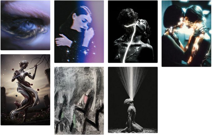 A collage of seven dark, artistic images featuring close-ups of eyes, embracing figures, a statue, and abstract scenes.