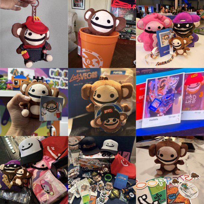 A collage showcasing various Bitcoin Puppets plushies and merchandise, including keychain figures in McDonald's-themed outfits, a puppet emerging from a Bucket of Tears cup, large plush toys in pink and purple outfits, cap-clad puppets with TFTC cards, and an assortment of branded hats, stickers, and accessories. Visible text includes "TFTC," "Las Vegas," "Bitcoin Vegas," "FUZE," "PoP," "Cucketo," "Foot Life," and "Buddies," highlighting the brand's playful, Bitcoin-themed collectibles.