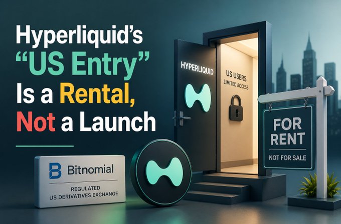 A graphic titled 'Hyperliquid's "US Entry" Is a Rental, Not a Launch' showing a door labeled 'US USERS LIMITED ACCESS' next to a 'FOR RENT' sign and the Bitnomial logo.