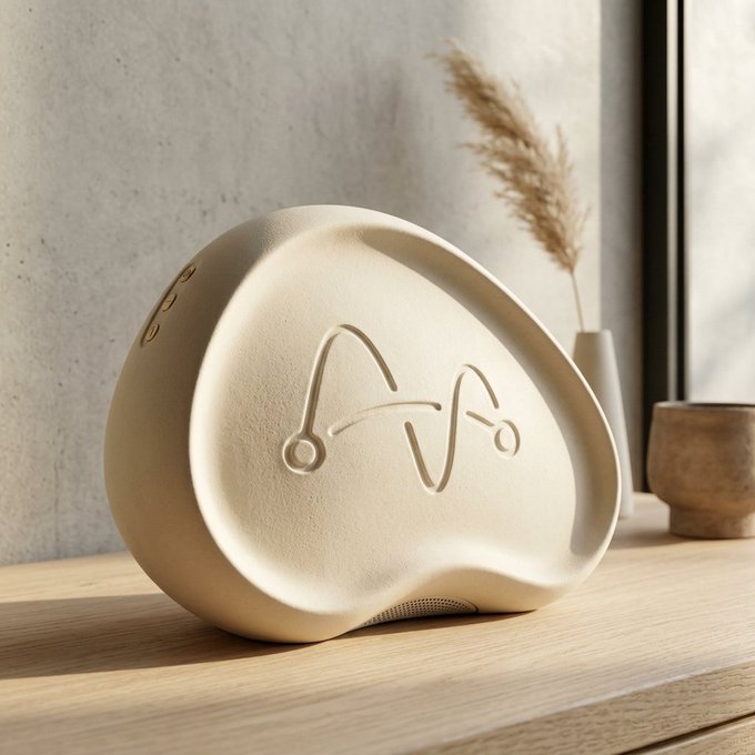 A round, beige-colored smart speaker or device with a stylized logo embossed on the front, sitting on a wooden surface next to a vase with dried pampas grass.
