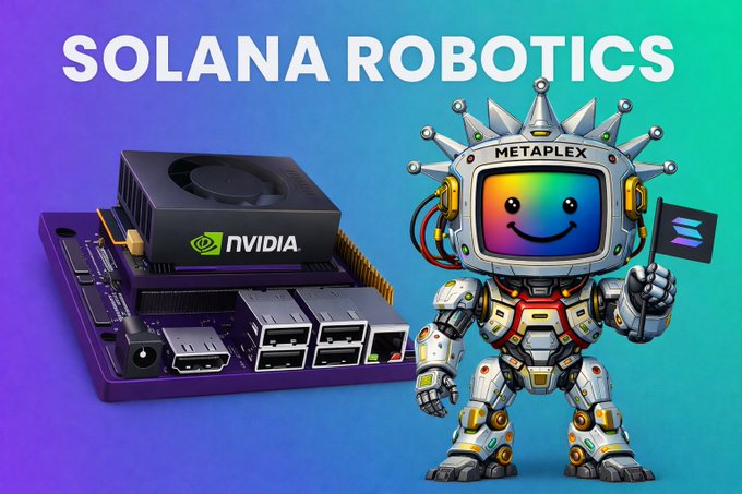 A promotional graphic titled "SOLANA ROBOTICS" features an NVIDIA-branded computer device next to a cartoon robot with a rainbow screen face labeled "METAPLEX" holding a small Solana flag.