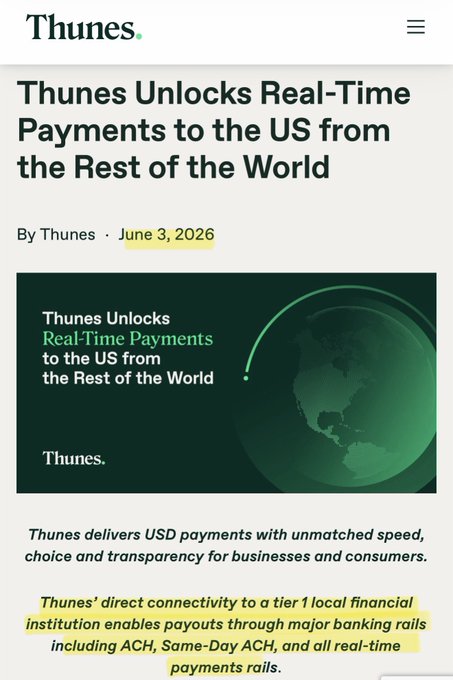 "Today, global payments provider Thune announces the launch of their real-time payments service into the US with tier 1 bank connectivity. This means that banks can now process transactions faster than ever before, which will lead to a more efficient and seamless experience for both businesses and consumers."