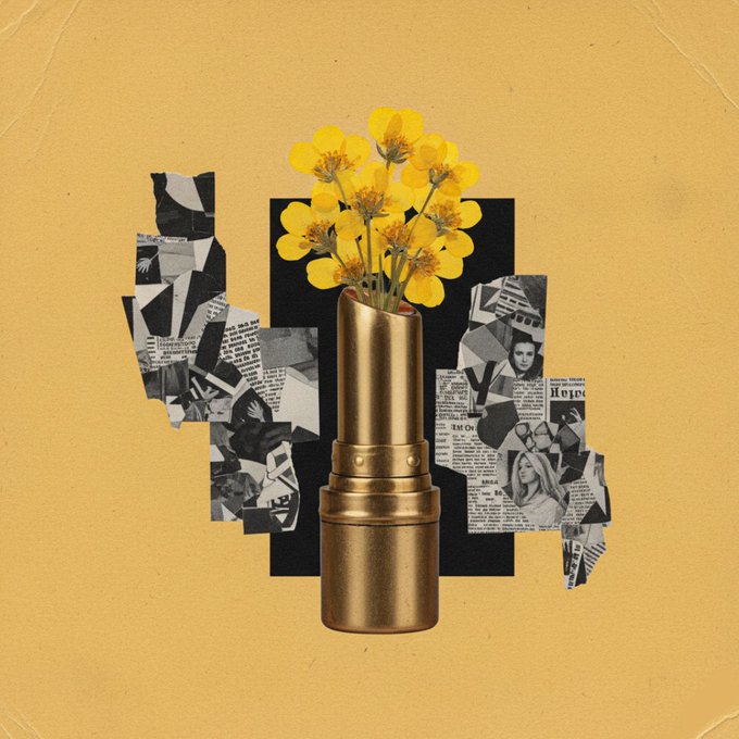 A collage artwork on a yellow background featuring a brass bullet casing repurposed as a vase holding yellow flowers, surrounded by torn black-and-white newspaper clippings.