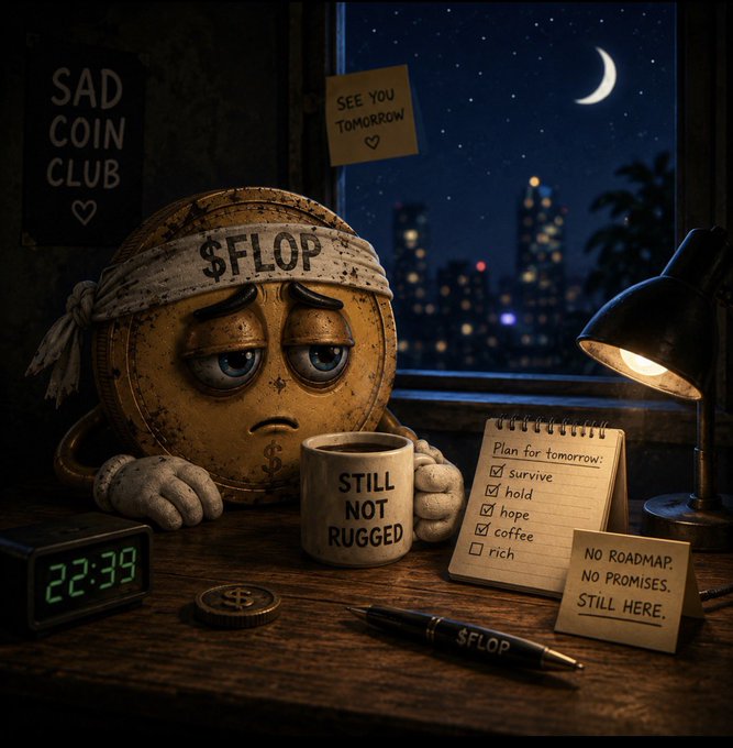 A 3D-rendered scene of a sad, anthropomorphic '$FLOP' coin wearing a headband, sitting at a desk with a 'SAD COIN CLUB' poster, a 'STILL NOT RUGGED' mug, and a checklist with items like 'survive,' 'hold,' and 'coffee.'