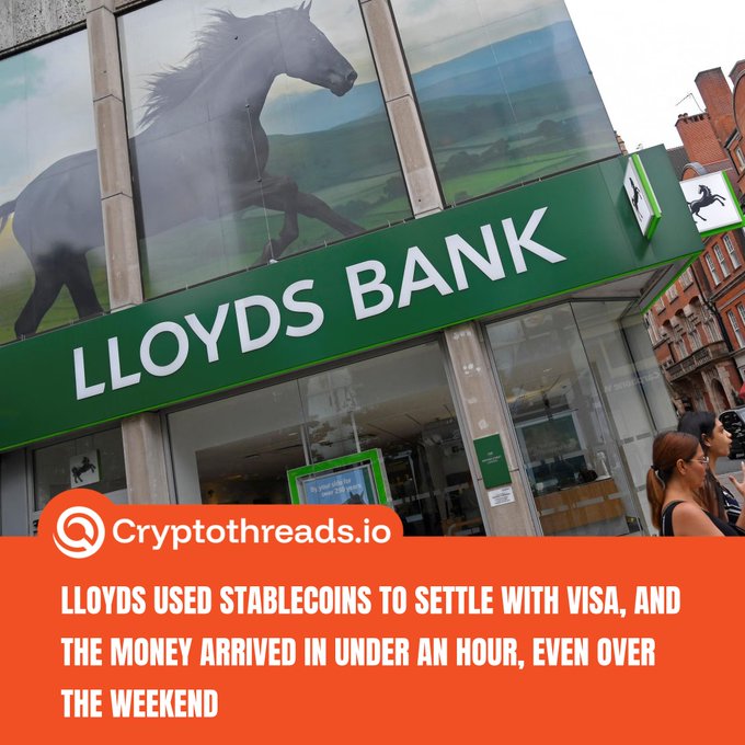 A Lloyds Bank branch storefront featuring the iconic black horse logo with an overlay from Cryptothreads.io noting that Lloyds used stablecoins to settle with Visa, with funds arriving in under an hour even on weekends during a 7-day pilot involving $750,000 in USDC payments.