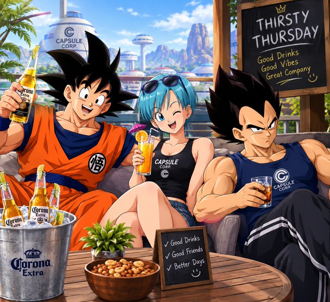 An anime-style illustration depicts Goku, Bulma, and Vegeta relaxing together with Corona beer bottles, with a chalkboard sign reading 'THIRSTY THURSDAY Good Drinks Good Vibes Great Company'.