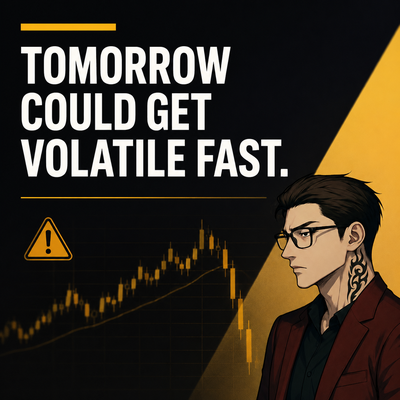 An illustrated graphic with a man in glasses and a suit next to a warning sign and a chart, with bold text stating 'TOMORROW COULD GET VOLATILE FAST.'