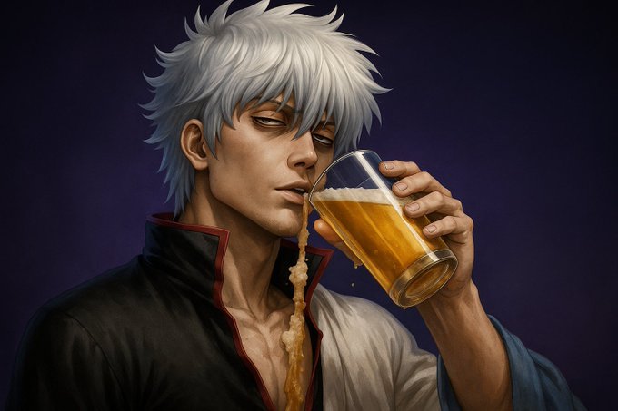 An anime-style digital illustration of a white-haired male character drinking from a glass of beer, with liquid spilling from his mouth.