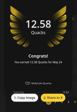A phone screen displays a gold-colored trophy with the text "12.58 Quacks" and "Congratulations! You earned 12.58 Quacks for May 24".