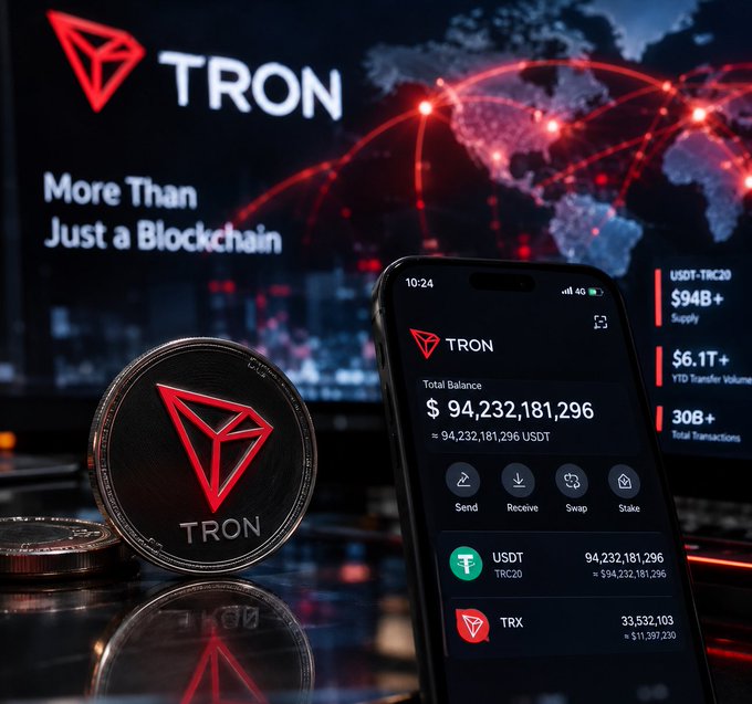 A promotional display for TRON cryptocurrency showing the slogan 'More Than Just a Blockchain,' a physical TRON coin, and a smartphone app displaying a total balance of $94,232,181,296.