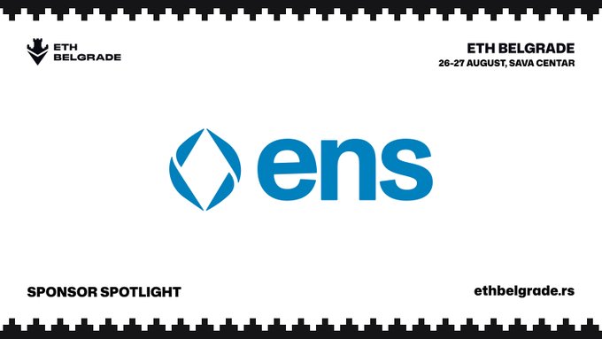 A promotional graphic for ETH Belgrade (26-27 August, Sava Centar) featuring a 'Sponsor Spotlight' on ENS (Ethereum Name Service) with its blue logo.