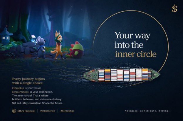 A promotional graphic for Ethra Protocol with the headline 'Your way into the inner circle', featuring a 3D-rendered island ship with colorful panels and forest creatures in the background.