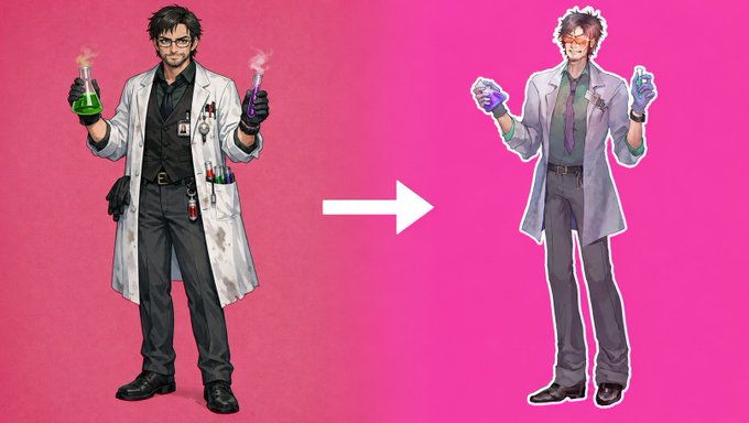 An illustration showing a character redesign comparison with an arrow, depicting a scientist-like man in a lab coat transforming into a more stylized, cyberpunk-inspired version with glowing glasses and gloves against a pink background.