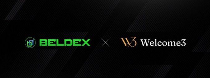 The image displays a collaboration announcement graphic featuring the Beldex logo (a green and blue shield icon with "BELDEX" text) and the Welcome3 logo (a stylized "W3" with "Welcome3" text) separated by an "X" symbol on a dark background, visually representing the partnership mentioned in the post about Beldex joining Welcome3 to strengthen privacy infrastructure.
