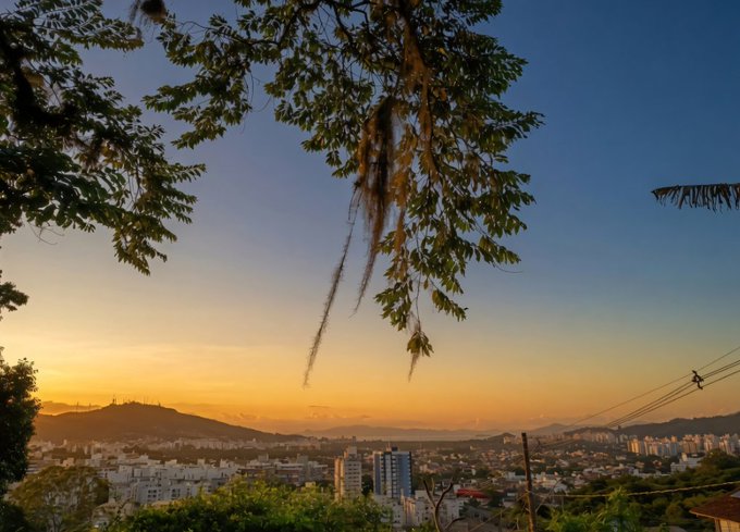 A scenic sunset view over a city skyline, framed by tree branches in the foreground, with warm golden light illuminating distant mountains. The serene, heart-stirring landscape aligns with the caption's reflection on a view that emotionally captivated the photographer.