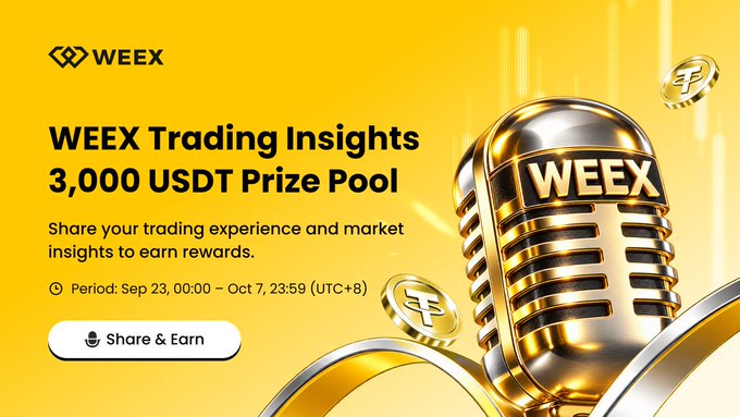 A promotional banner for WEEX with a yellow background, featuring a gold microphone graphic and advertising a 'WEEX Trading Insights 3,000 USDT Prize Pool' for sharing trading experiences from Sep 23 to Oct 7 (UTC+8).
