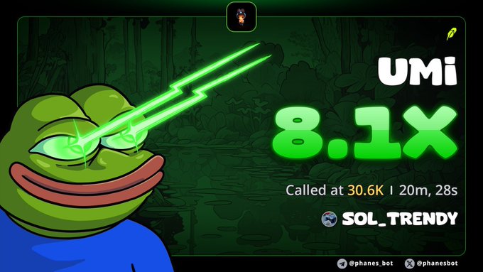 A Pepe the Frog meme with green laser eyes next to text reading 'UMi 8.1x Called at 30.6K | 20m, 28s SOL_TRENDY' on a dark green background.
