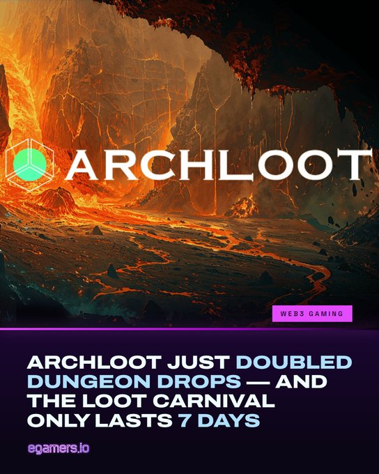 A promotional graphic for 'ARCHLOOT' featuring a volcanic cave scene with lava, announcing doubled dungeon drops during the Loot Carnival lasting 7 days, with the website egamers.io.