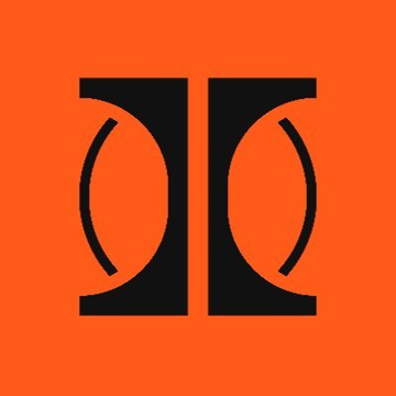 An orange square logo featuring black stylized parentheses or brackets forming a symmetrical emblem.