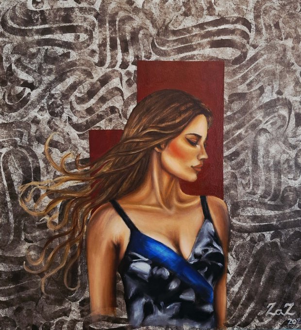 A painted artwork by LaZ '20 depicting a woman with flowing brown hair and a blue dress, set against a red geometric background and intricate patterned designs.