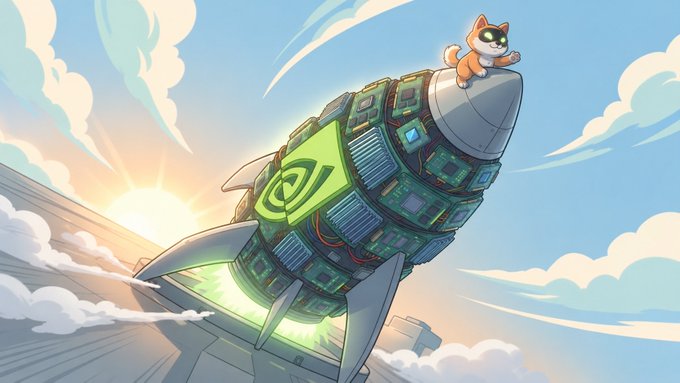 A stylized rocket emblazoned with the NVIDIA logo soars through the clouds with a Shiba Inu dog riding on top, symbolizing the post's bullish call to "long your longs" and build a massive $NVDA reserve for explosive growth.