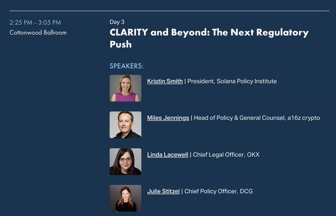 Conference panel slide for 'CLARITY and Beyond: The Next Regulatory Push' on Day 3, 2:25 PM - 3:05 PM in the Cottonwood Ballroom, featuring speakers Kristin Smith (Solana Policy Institute), Miles Jennings (a16z crypto), Linda Lacewell (OKX), and Julie Stitzel (DCG).