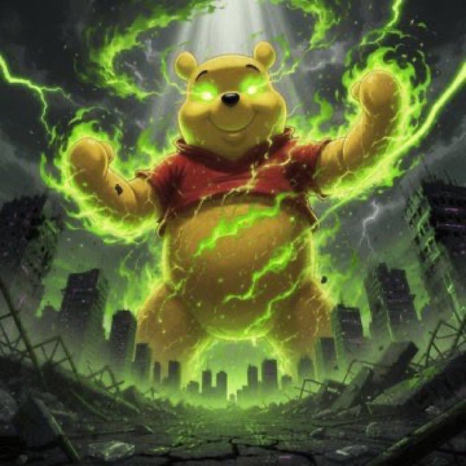 Digital artwork of Winnie the Pooh depicted as a giant glowing bear with green laser eyes and green energy aura, towering over a destroyed cityscape.
