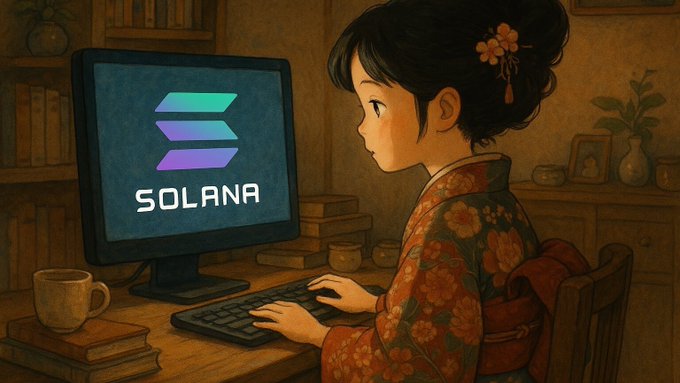 A Studio Ghibli-style illustration of a young girl in a floral kimono seated at a desk in a warmly lit room, gazing at a computer monitor displaying the Solana logo and 'SOLANA' text.