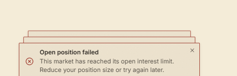 A stack of error notification popups displays the message "Open position failed - This market has reached its open interest limit. Reduce your position size or try again later," illustrating the 1 billion open interest cap issue that prevented the user from opening positions, causing them to be wiped out and now wait for liquidations.