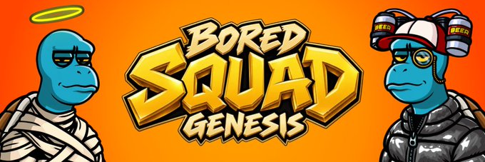 A graphic with an orange background reads 'Bored Squad Genesis' and shows two cartoon blue characters, one with a halo and one with a jetpack.