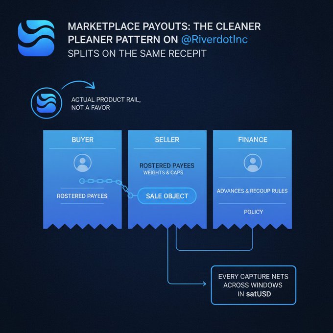 An infographic titled 'MARKETPLACE PAYOUTS: THE CLEANER PLEANER PATTERN' explains a three-step process involving Buyer, Seller, and Finance on the @RiverdotInc platform.