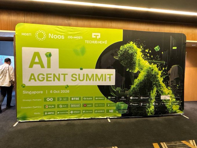 A large event banner reads "AI AGENT SUMMIT — Singapore | 6 Oct 2026," hosted by Noos with co-host Techub News and sponsors including OC, BTSE, Stable, LayerX, and others, marking the conference backdrop for the TOKEN2049 Singapore Week gathering of builders, founders, and investors exploring the next agent economy.
