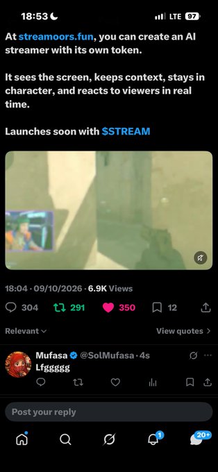 A mobile screenshot of a tweet from streamors.fun announcing an AI streamer service launching soon with $STREAM token, showing 6.9K views, 304 comments, 291 reposts, and 350 likes.