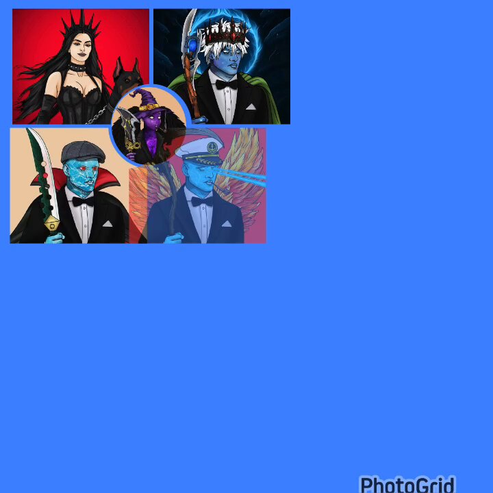 The image features six different cartoon characters wearing suits and ties against a blue background. The characters include a woman with long black hair dressed as a witch, a man with a top hat holding a sword, another man with a top hat and cape, a woman in a black dress holding a parasol, a man in a top hat and cape, and a woman wearing a top hat and cape.