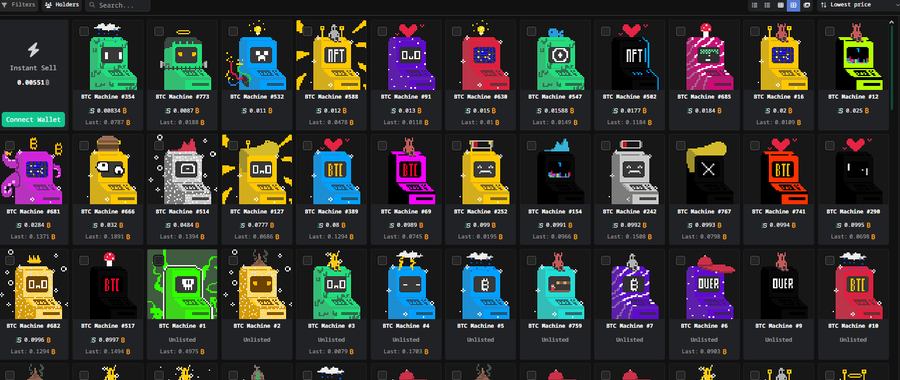 A digital marketplace interface showing a grid of 'BTC Machine' NFT collectibles with various designs, prices listed in BTC, and a 'Connect Wallet' button on the left.