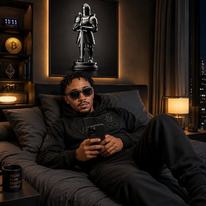 A man wearing sunglasses and black clothing lying on a bed while using a phone, with a black and gold themed room featuring a Bitcoin logo and knight artwork.
