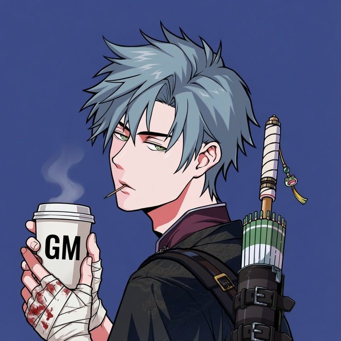 An anime-style character with spiky light blue hair holds a coffee cup labeled 'GM' while smoking, with a sheathed sword on his back against a blue background.