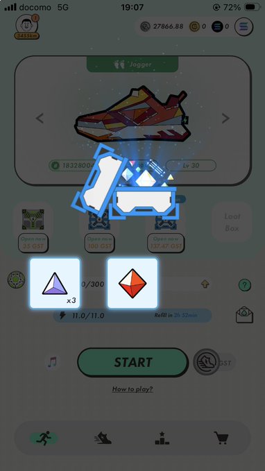 A mobile game screenshot showing a sneaker NFT ('Jogger') at level 30, with a 'START' button and inventory items, displayed on a phone with a docomo 5G connection.