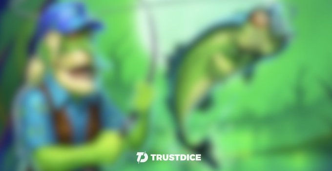 A blurred image shows a fisherman holding up a large caught fish with the 'TRUSTDICE' logo at the bottom center.