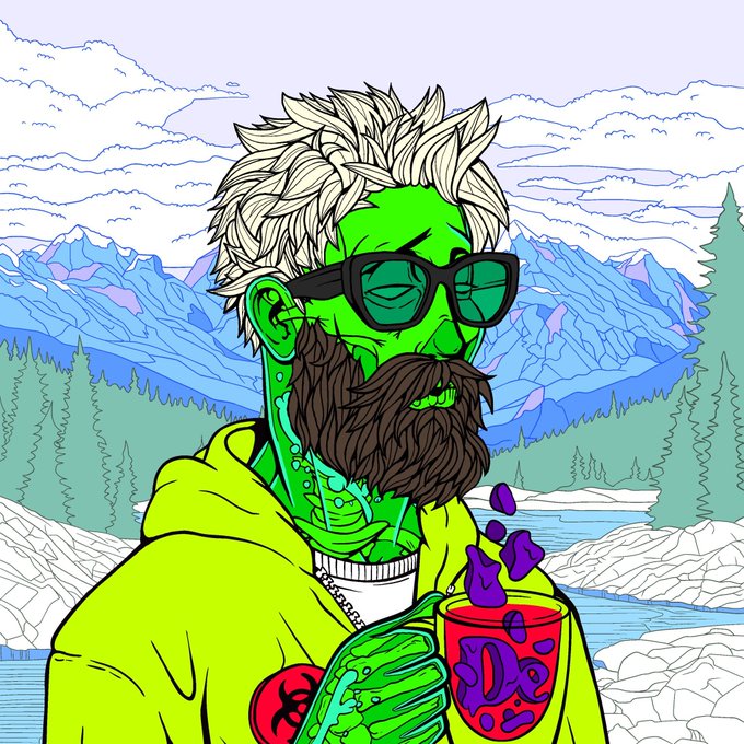 A colorful digital illustration depicts a green-skinned character with a brown beard, spiky blonde hair, and sunglasses, wearing a neon yellow hoodie and holding a purple drink in a cup labeled 'Dope'.
