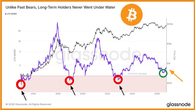 A Glassnode chart of Bitcoin's LTH-MVRV ratio shows that long-term holders remained above the cost basis (value of 1) throughout the current cycle, unlike previous bear markets in 2018 and 2022 when the ratio dipped under 1, indicating LTHs never went underwater.