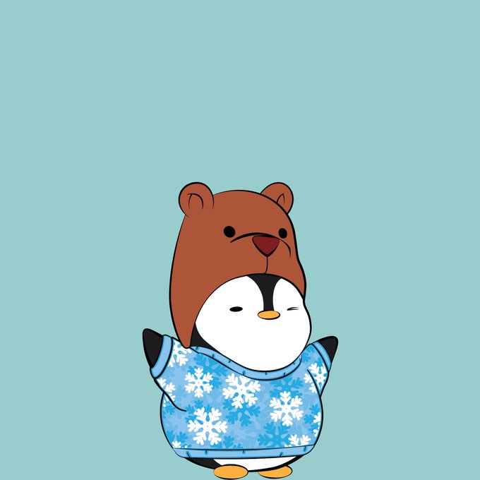 A cartoon penguin character wearing a blue snowflake-patterned sweater and a brown bear hat stands against a light teal background, embodying the resilient and unbothered sentiment of "Market chaos doesn't change my plan" shared alongside the LilPudgys crypto community post.