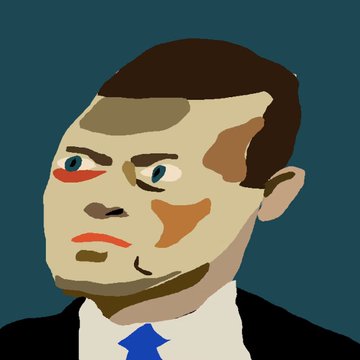 A low-resolution digital drawing or meme illustration of a man's face with uneven coloring, dark eyebrows, and a black suit with a blue tie.