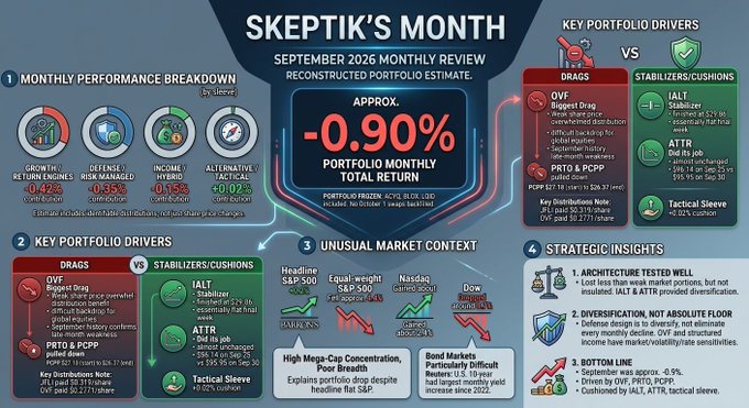 An infographic titled "SKEPTIK'S MONTH - September 2026 Monthly Review" shows a portfolio total return of approximately -0.90%, detailing drags like OVF, PRTO & PCPP and counterbalancing procedures such as IALT, ATTR, and Tactical Sleeve.