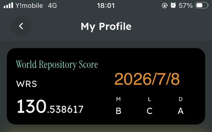 A mobile profile screen displaying a World Repository Score (WRS) of 130.538617 dated 2026/7/8, with rankings MB, LC, DA, on a Y!mobile 4G connection.