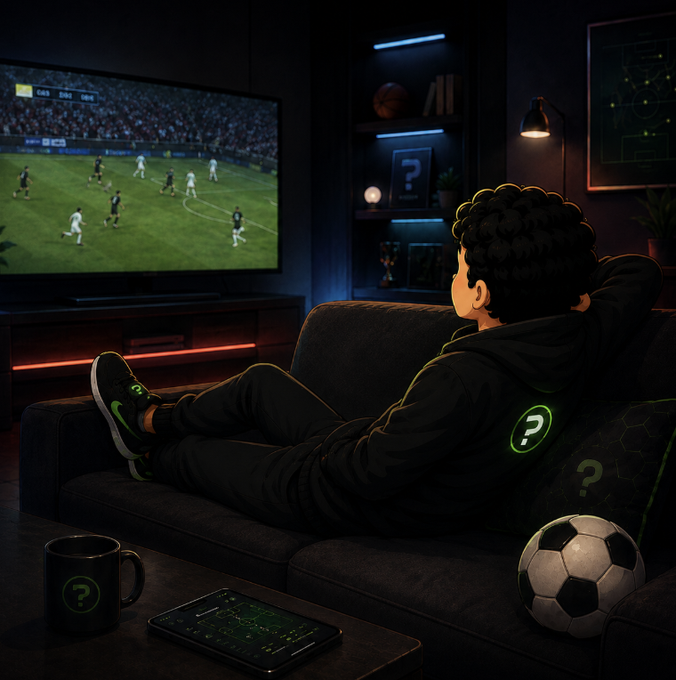 A young man lounges on a dark couch in a dimly lit room, watching a soccer match on a large screen TV with game stats visible at the top, surrounded by question mark icons on his clothing, a mug, and a pillow—reinforcing the post's theme of awaiting "receipts" on Friday's predictions. A soccer ball rests on the couch beside him, tying into the sports viewing context.